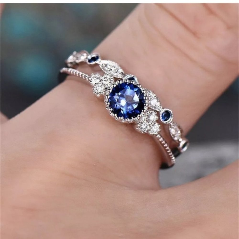Silver  Round Cut Sapphire Women Wedding Ring - Picture 2 of 4